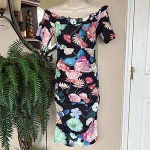 Vintage Nicole Miller Collection Black Floral Off the Shoulder Fitted Midi Dress